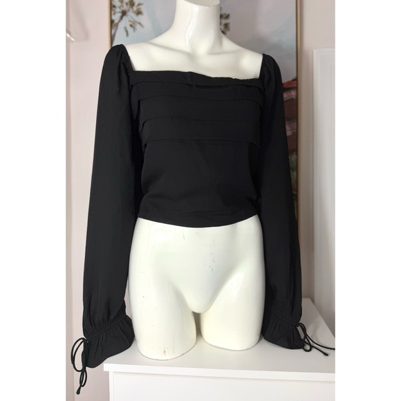 Francesca's Mi Ami Black Square Neck Pleated Crop Top Long Sleeve Blouse Size XL - Picture 1 of 6